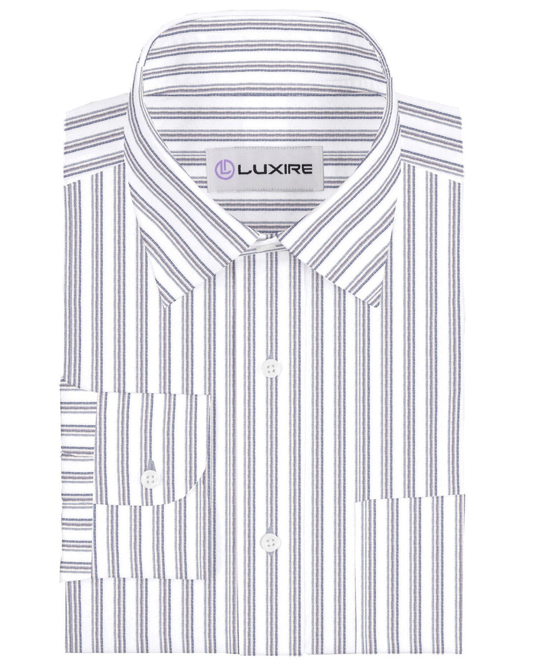 Front of the custom linen shirt for men in dark blue and beige by Luxire Clothing