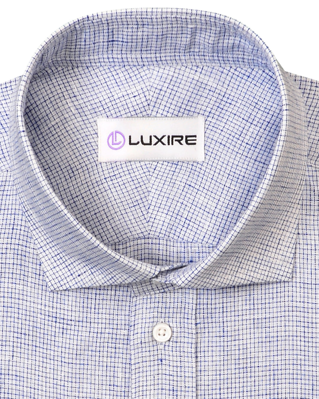 Collar of the custom linen shirt for men in white with blue checks by Luxire Clothing