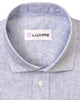 Collar of the custom linen shirt for men in white with blue checks by Luxire Clothing