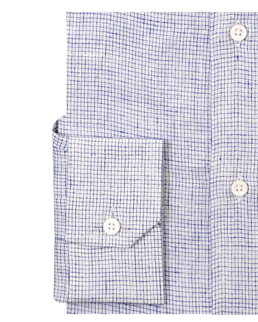 Cuff of the custom linen shirt for men in white with blue checks by Luxire Clothing