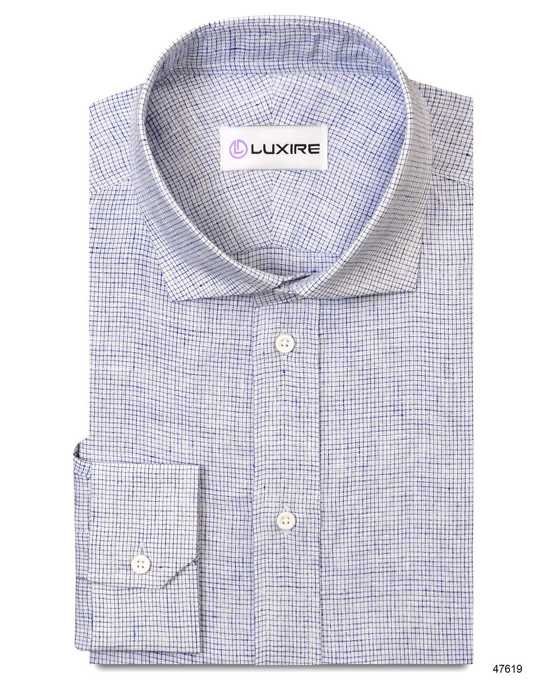 Front of the custom linen shirt for men in white with blue checks by Luxire Clothing