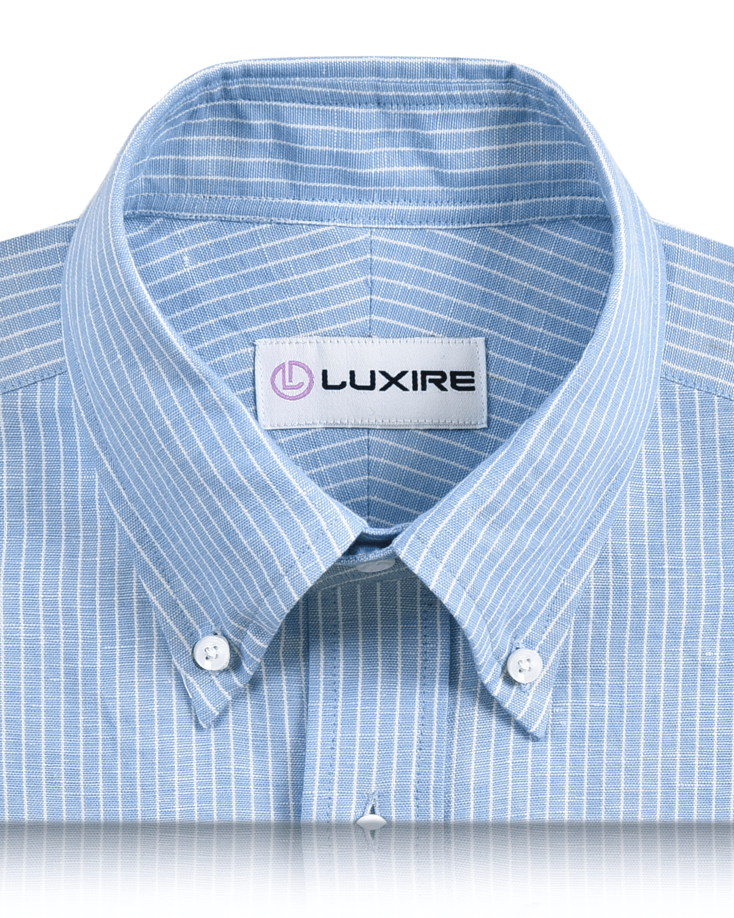 Collar of the custom linen shirt for men in blue with white pinstripes by Luxire Clothing