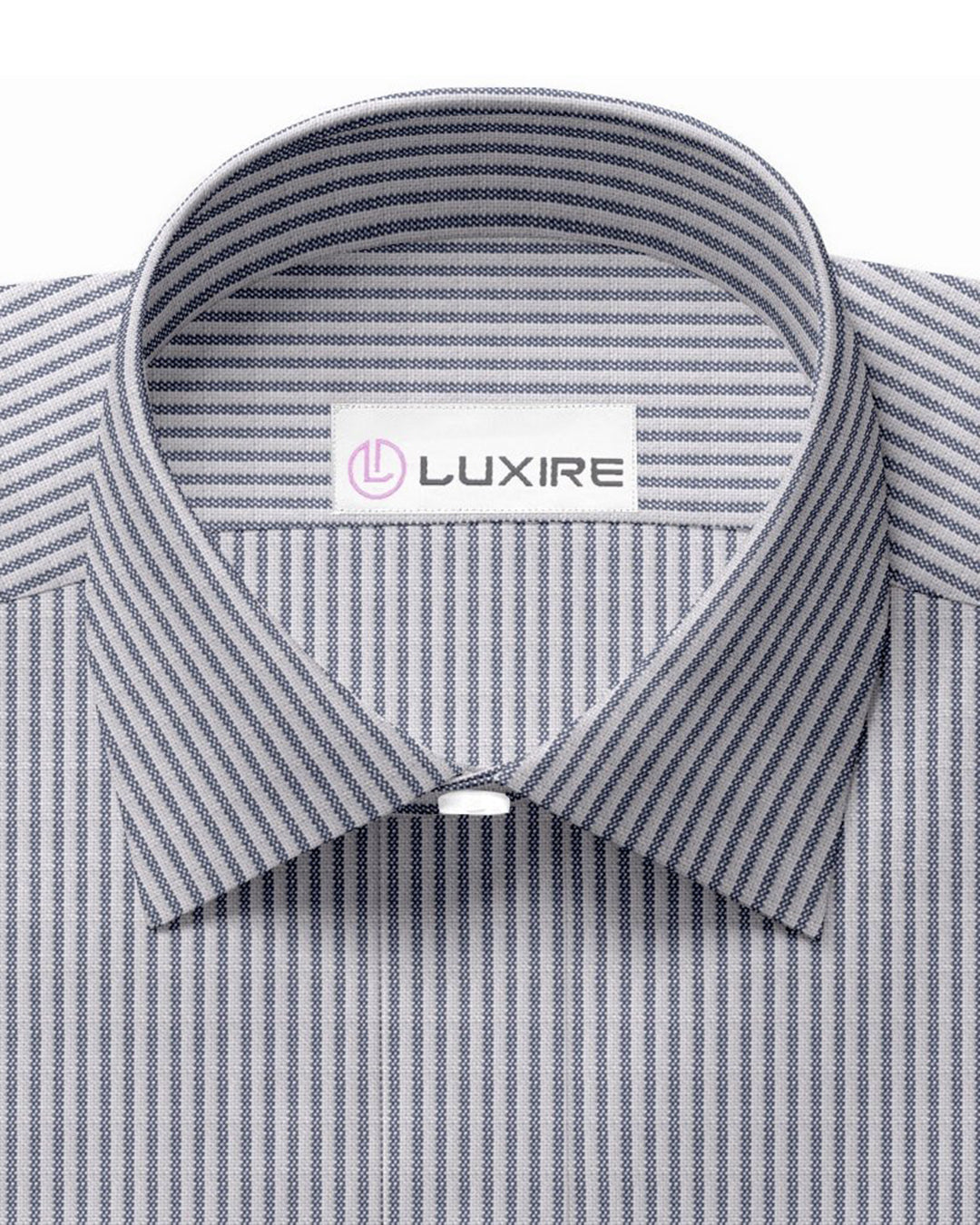 Collar of the custom linen shirt for men in blue and white stripes by Luxire Clothing