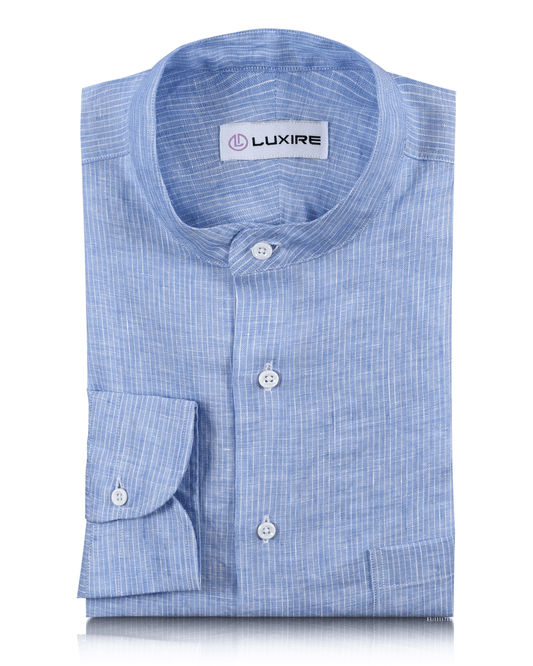 Front of the custom linen shirt for men in white and blue stripes by Luxire Clothing