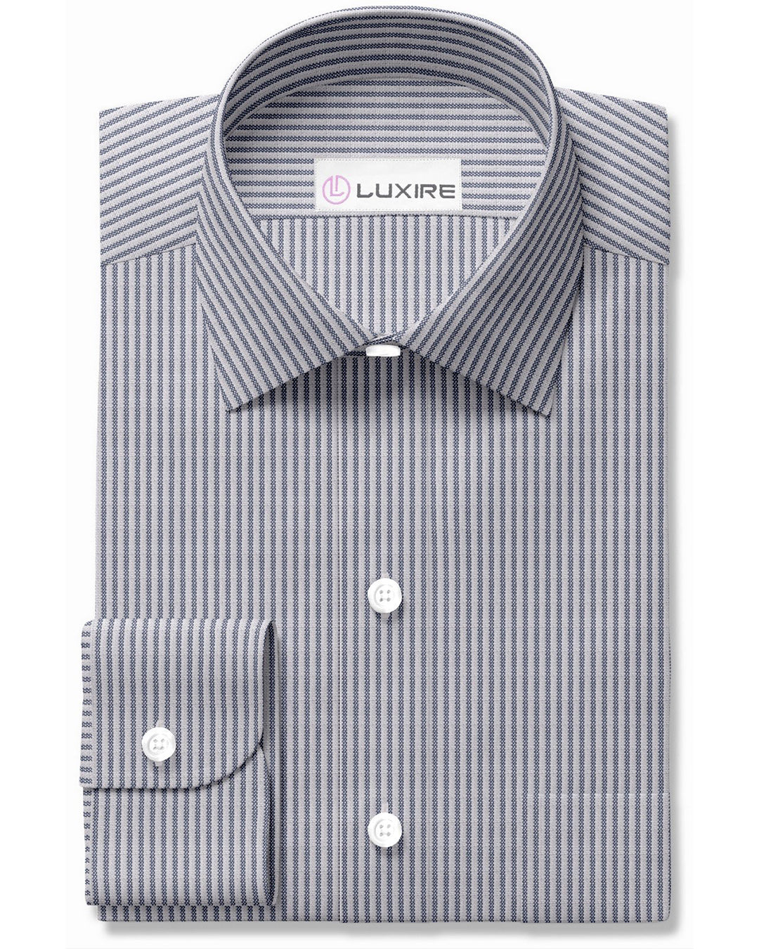 Front of the custom linen shirt for men in blue and white stripes by Luxire Clothing