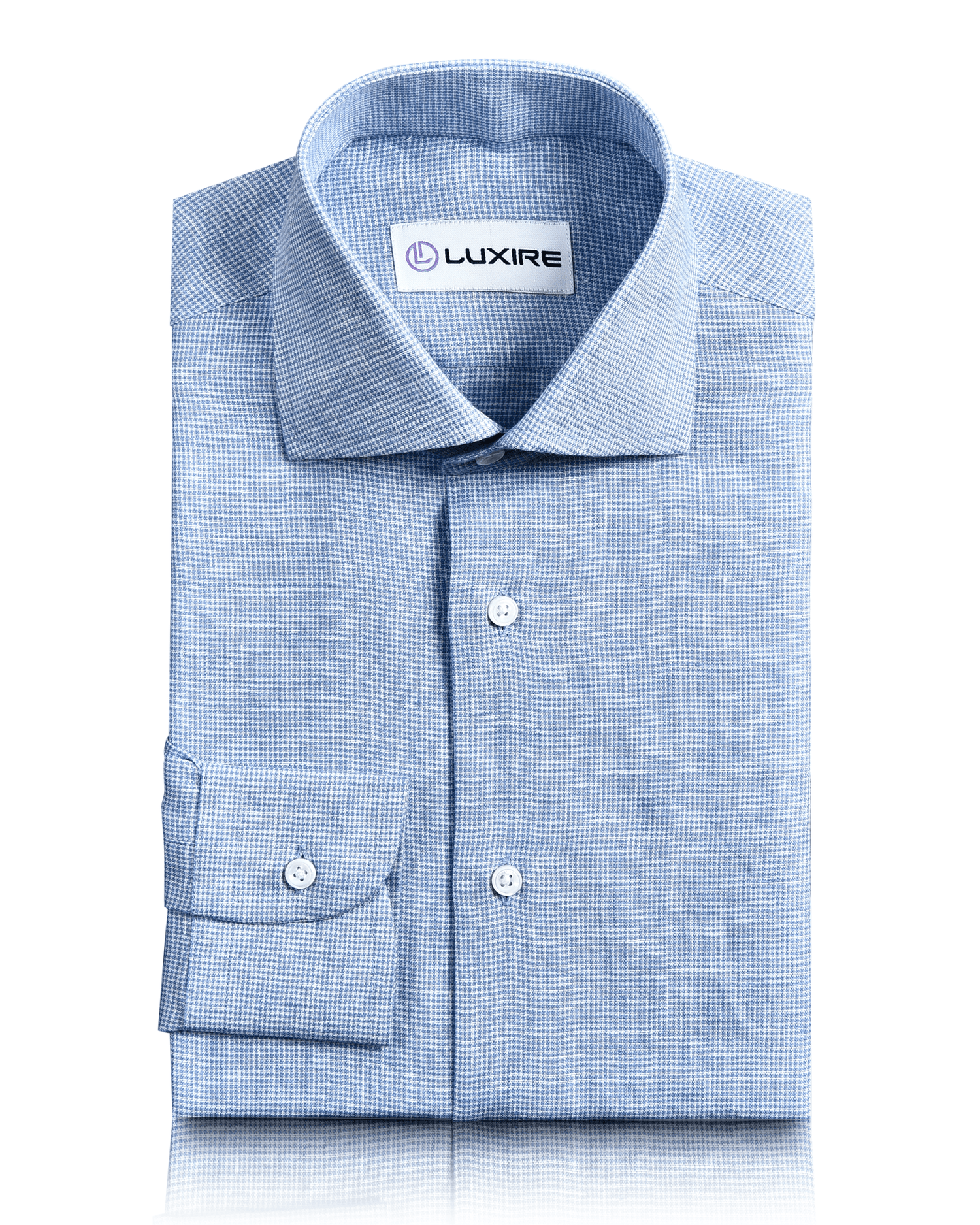 Front view of custom linen shirt for men in white blue micro houndstooth