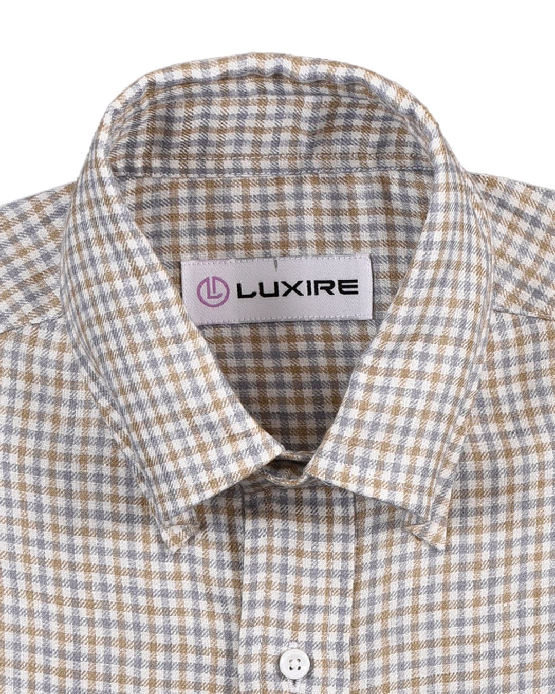 Collar of the custom linen shirt for men in brozne and silver checks by Luxire Clothing