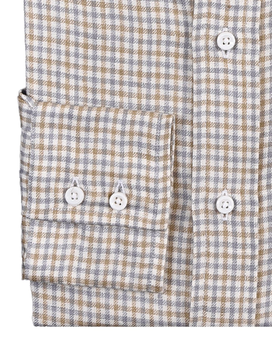 Cuff of the custom linen shirt for men in brozne and silver checks by Luxire Clothing