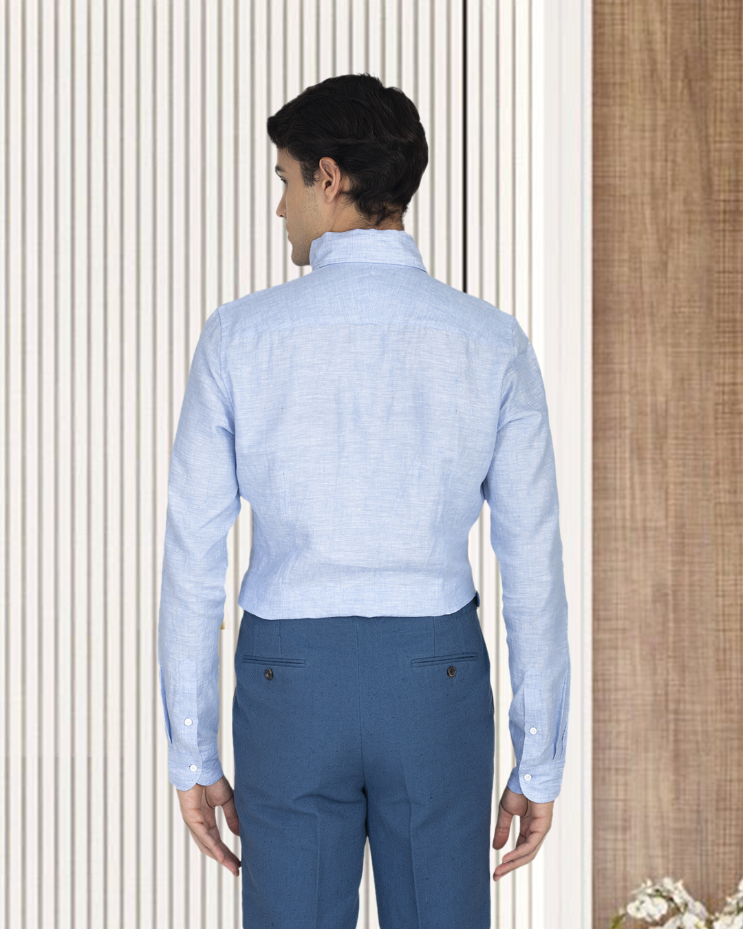 Linen Cotton: Light Blue Chambray one piece collar placket - 8