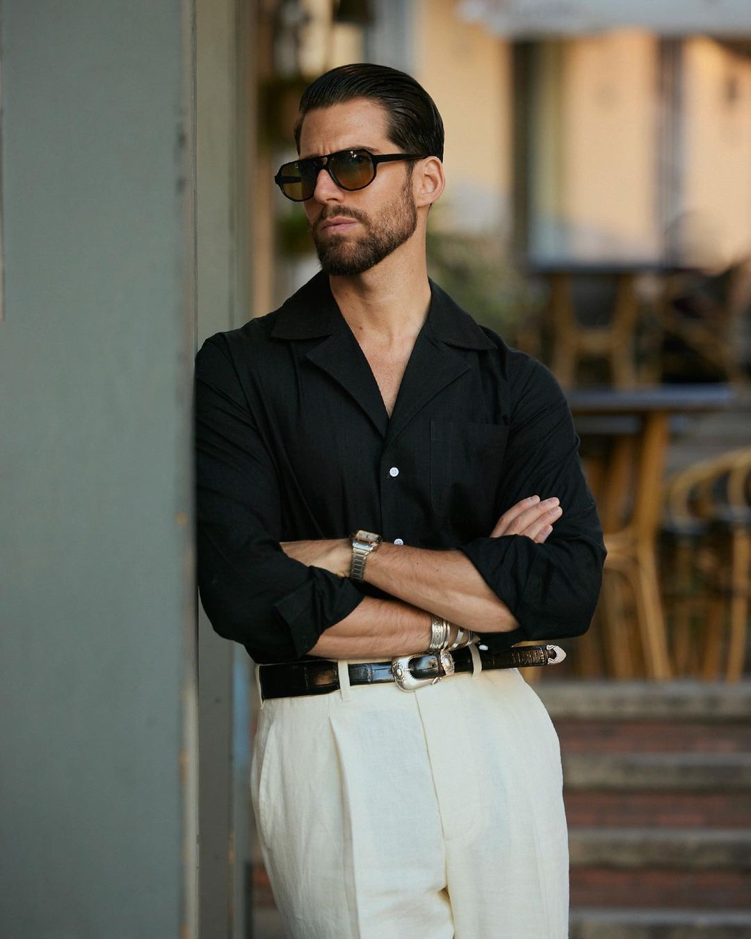 Model wearing the custom linen shirt for men in classic black by Luxire Clothing 2