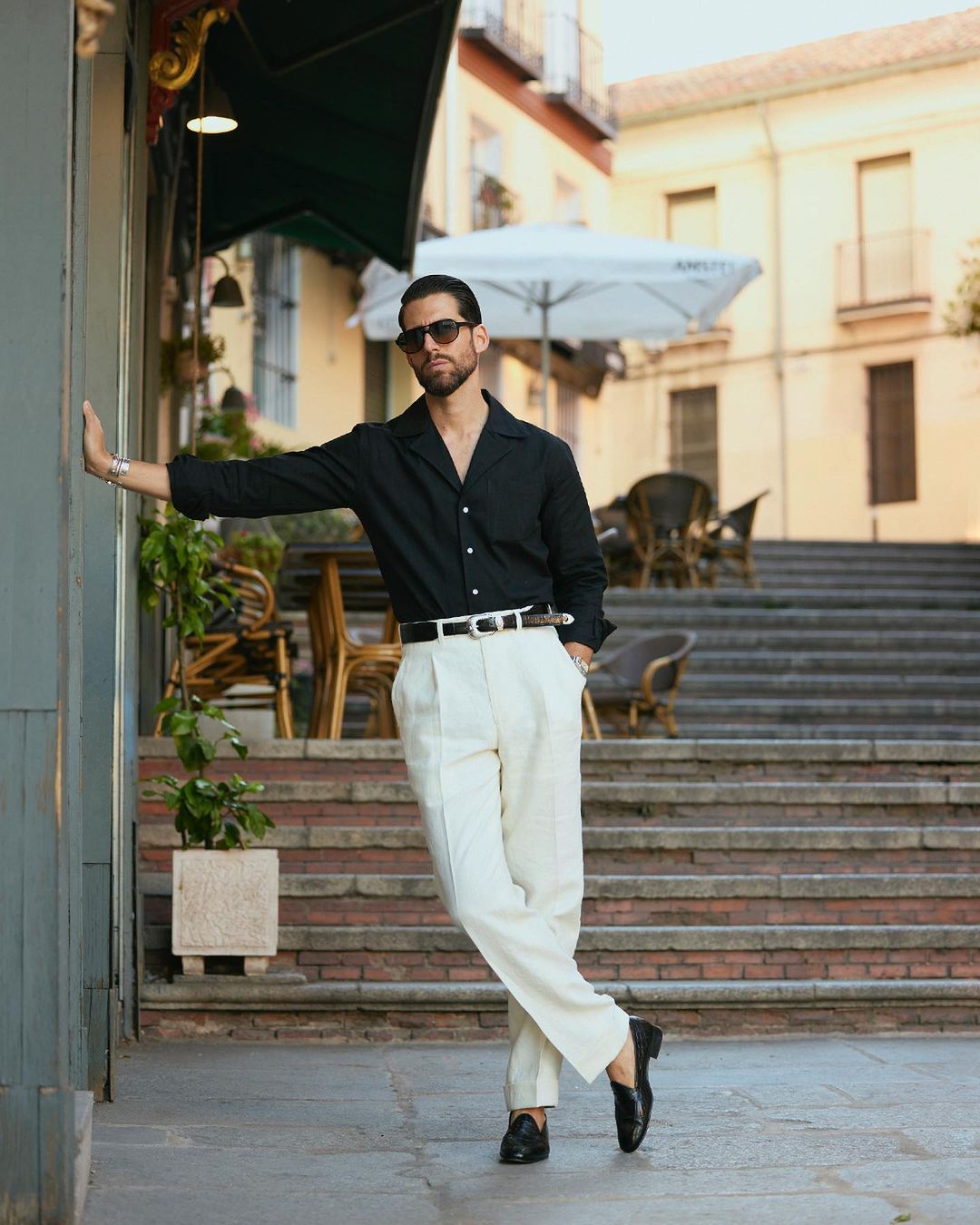 Model wearing the custom linen shirt for men in classic black by Luxire Clothing 3