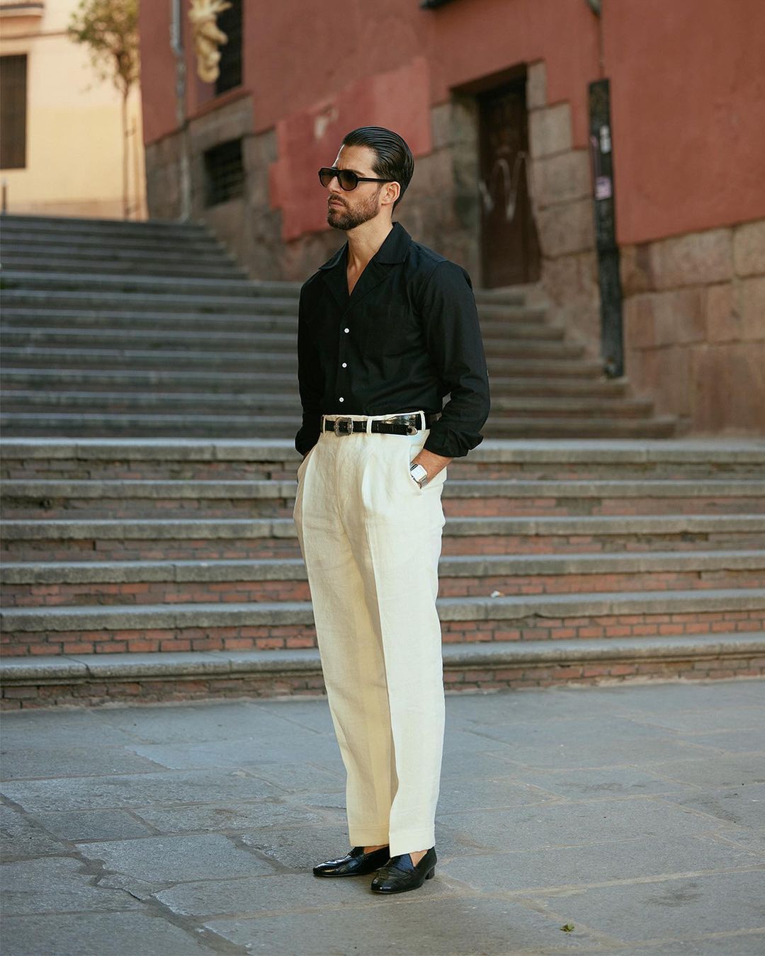 Model wearing the custom linen shirt for men in classic black by Luxire Clothing 4