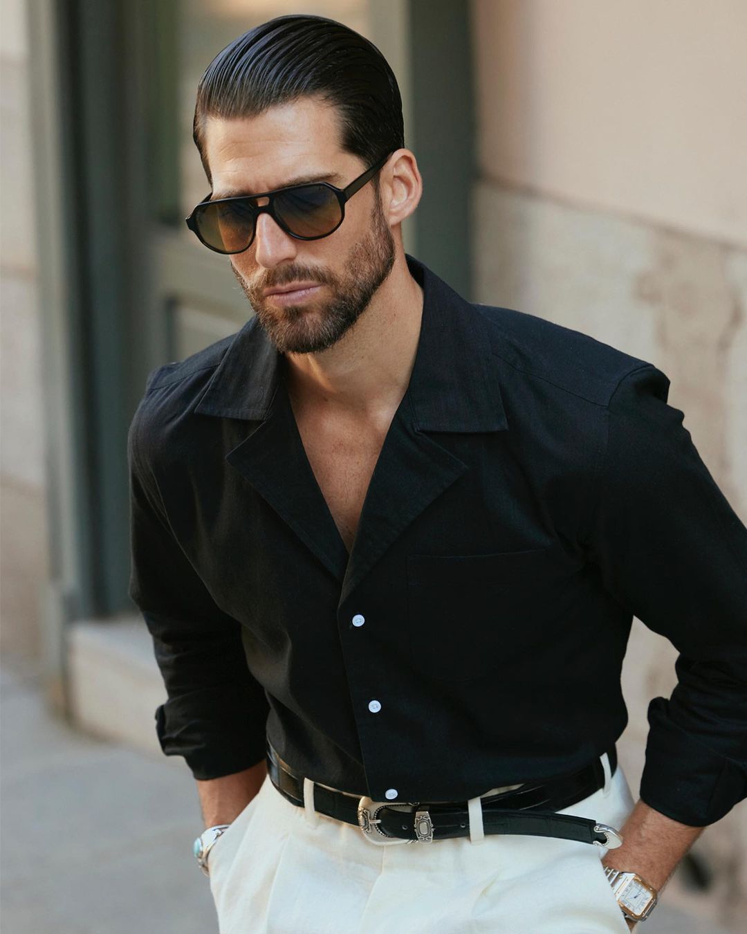 Model wearing the custom linen shirt for men in classic black by Luxire Clothing 5