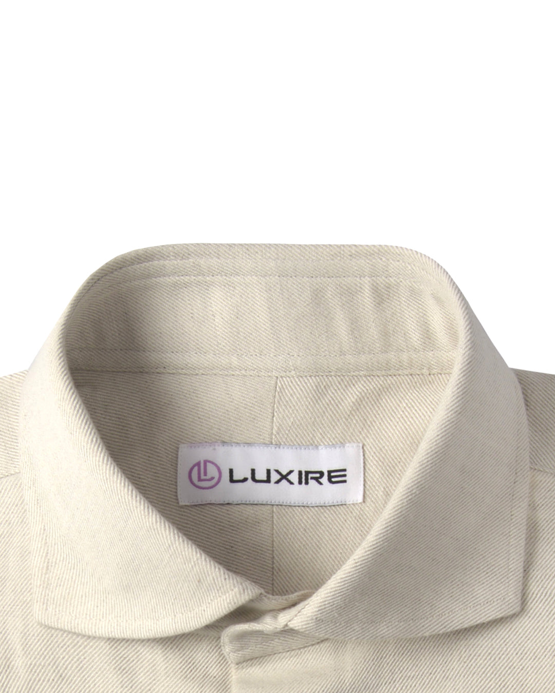 Collar of the custom linen shirt for men in cream twill by Luxire Clothing