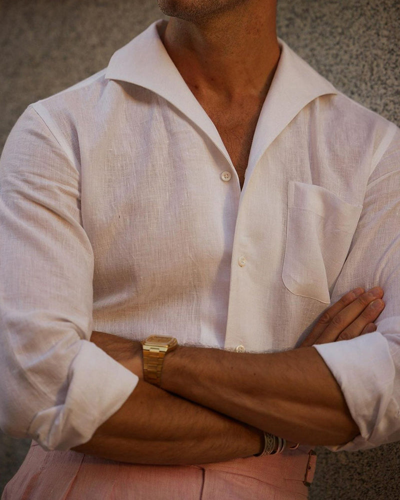 Men's Summer White Linen Shirt, One Piece Collar Placket Luxire Custom Clothing Men's Summer White Linen Shirt, One Piece Collar Placket Luxire Custom Clothing