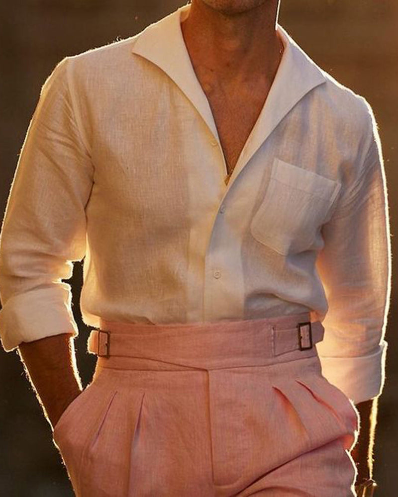 Men's Summer White Linen Shirt, One Piece Collar Placket Luxire Custom Clothing Men's Summer White Linen Shirt, One Piece Collar Placket Luxire Custom Clothing