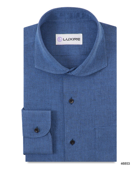 Front of the custom linen shirt for men in dark blue chambray by Luxire Clothing