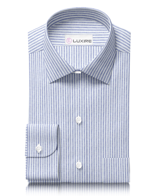 Front of custom linen shirt for men in blue and white dress stripes by Luxire Clothing