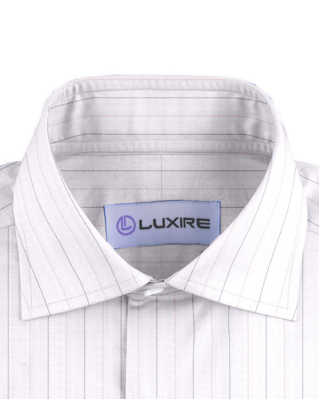 Collar of the custom linen shirt for men in ecru with wide stripes by Luxire Clothing