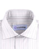 Collar of the custom linen shirt for men in ecru with wide stripes by Luxire Clothing