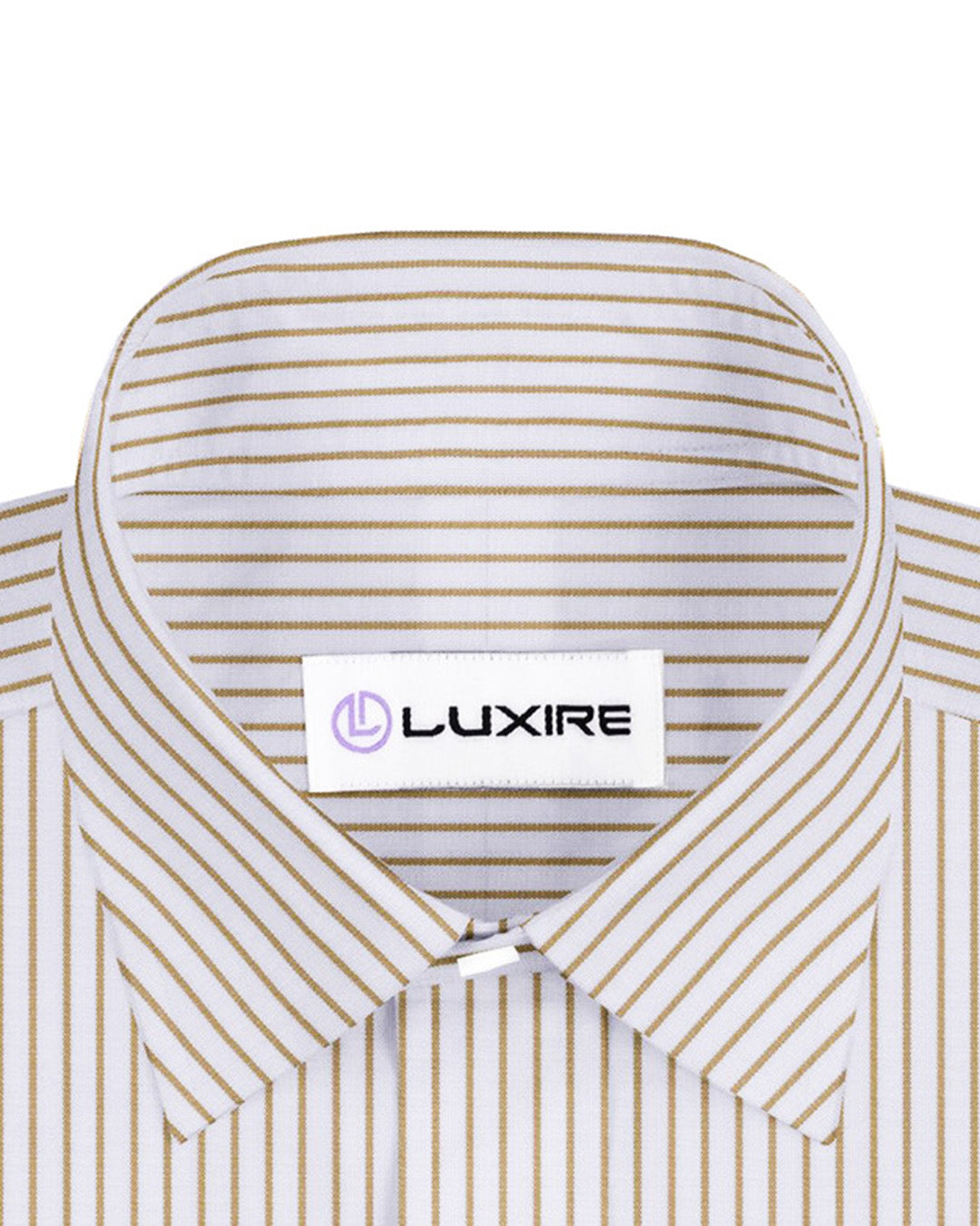 Collar of the custom linen shirt for men in white with ecru stripes by Luxire Clothing