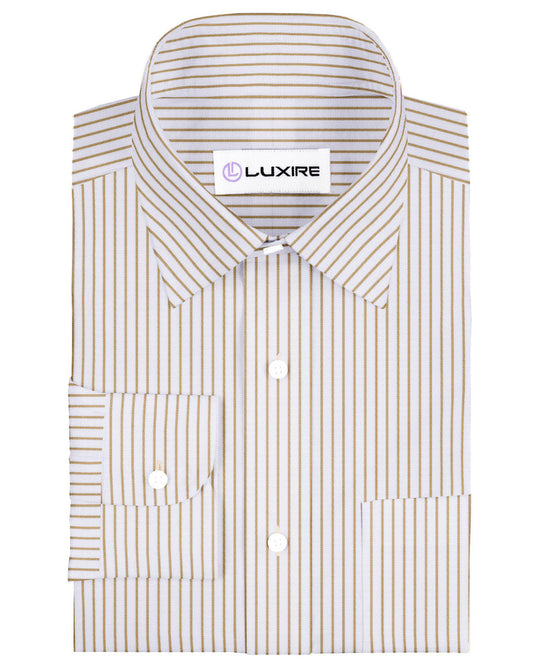 Front of the custom linen shirt for men in white with ecru stripes by Luxire Clothing