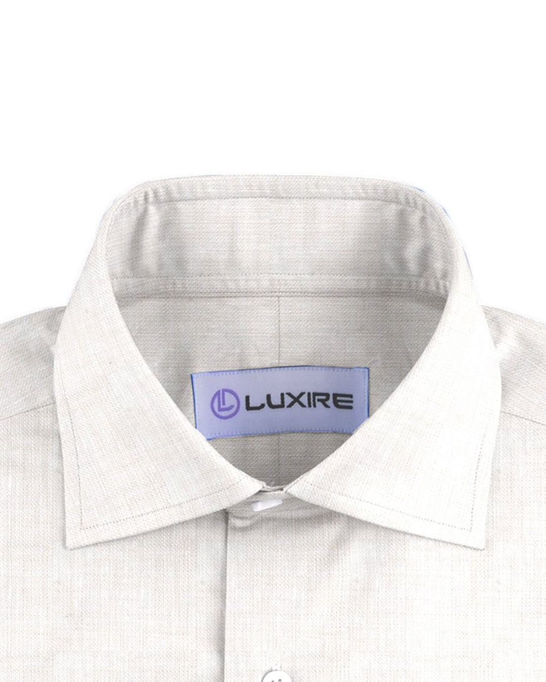 Collar of the custom linen shirt for men in textured ecru by Luxire Clothing