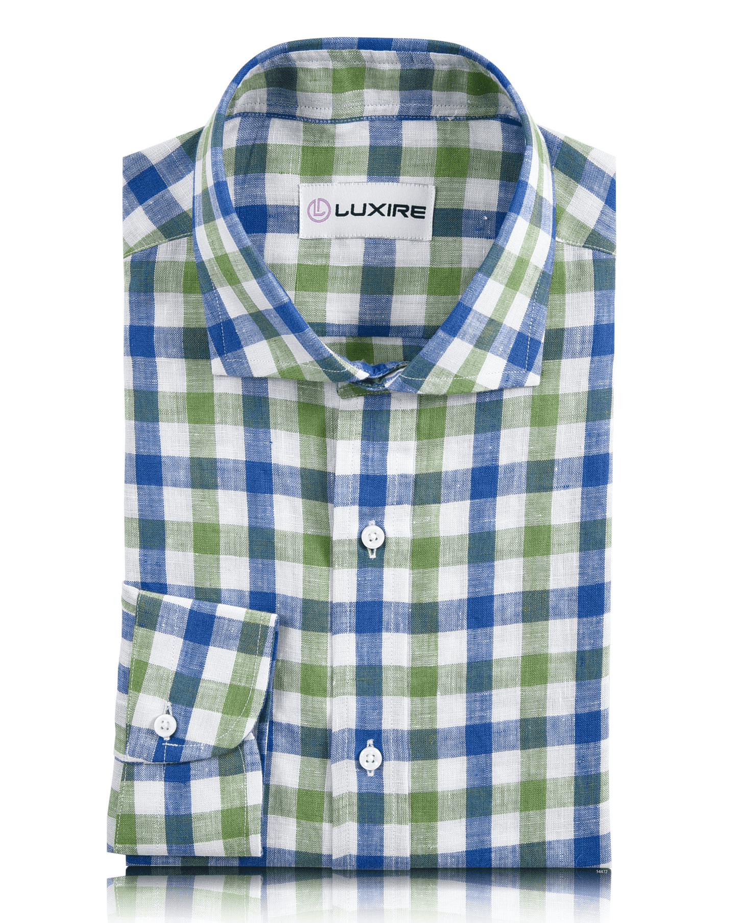 Front view of custom linen shirt for men by Luxire in green and blue gingham