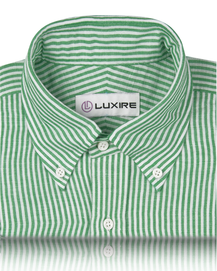 Collar of the custom linen shirt for men in green and white candy stripes by Luxire Clothing