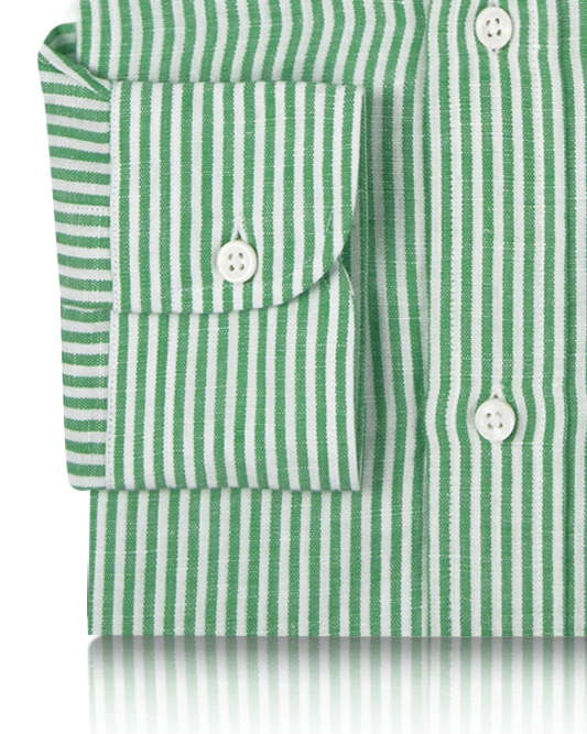 Cuff of the custom linen shirt for men in green and white candy stripes by Luxire Clothing