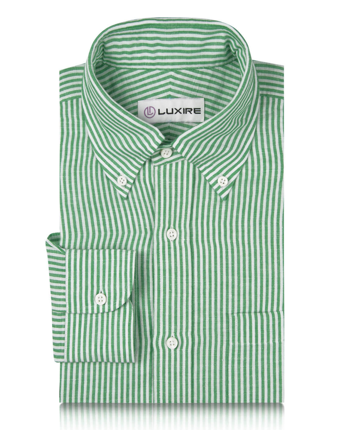 Front of the custom linen shirt for men in green and white candy stripes by Luxire Clothing