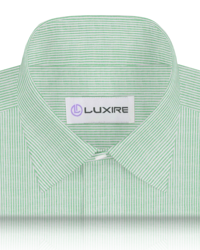 Collar of the custom linen shirt for men in green dress stripes by Luxire Clothing
