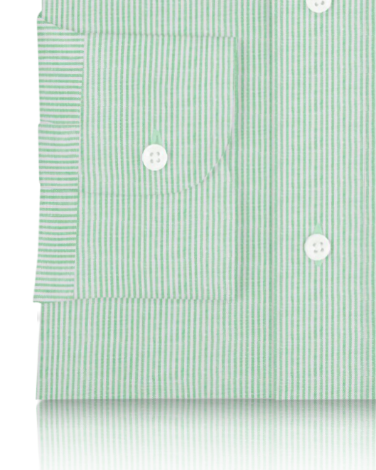 Cuff of the custom linen shirt for men in green dress stripes by Luxire Clothing