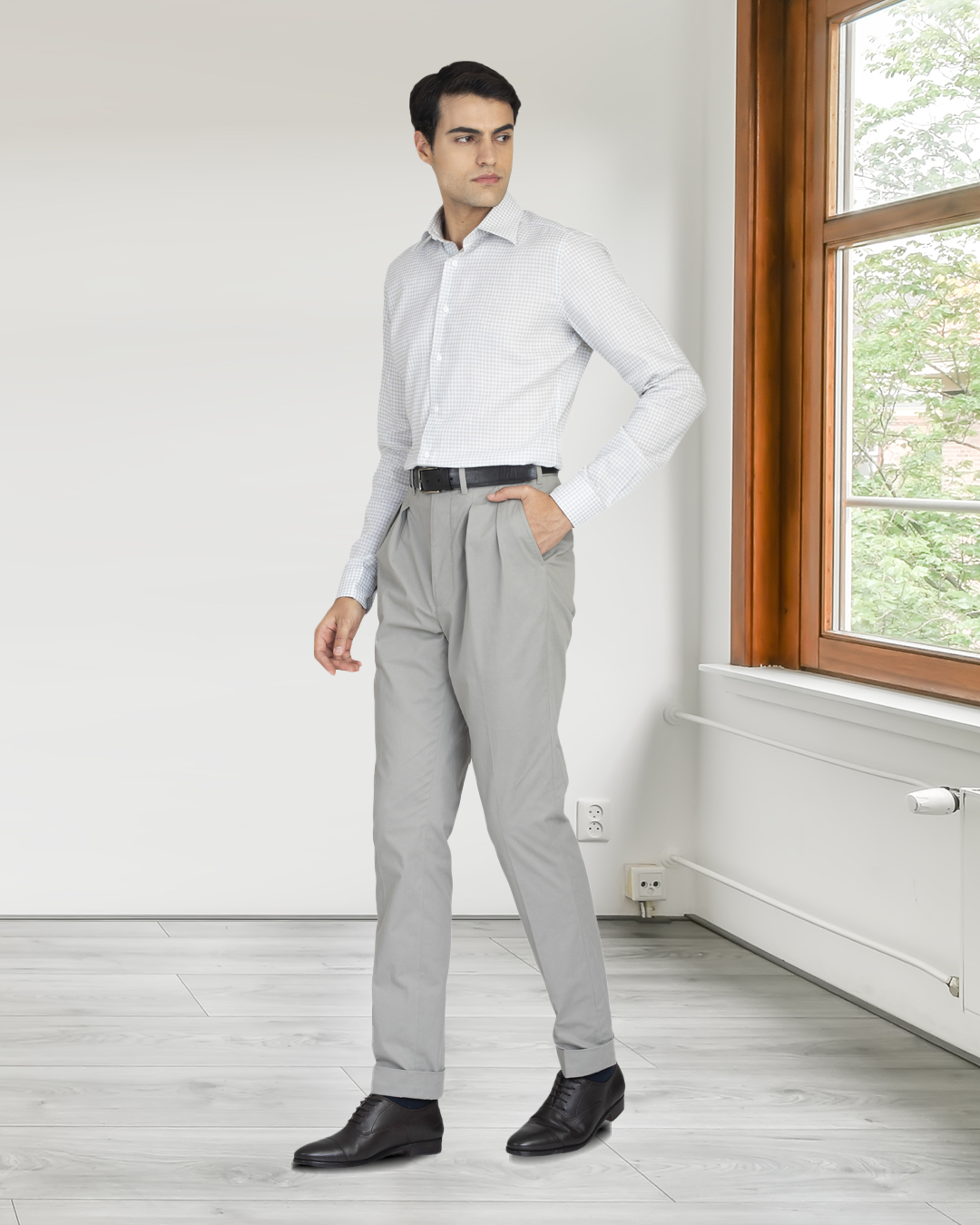 Model wearing the custom linen shirt for men in greenish grey by Luxire Clothing 3