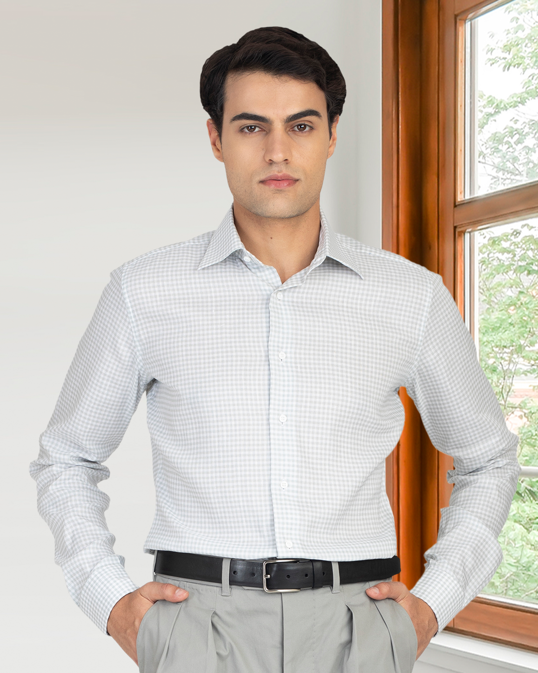 Greenish- Grey Linen Gingham Shirt - 2