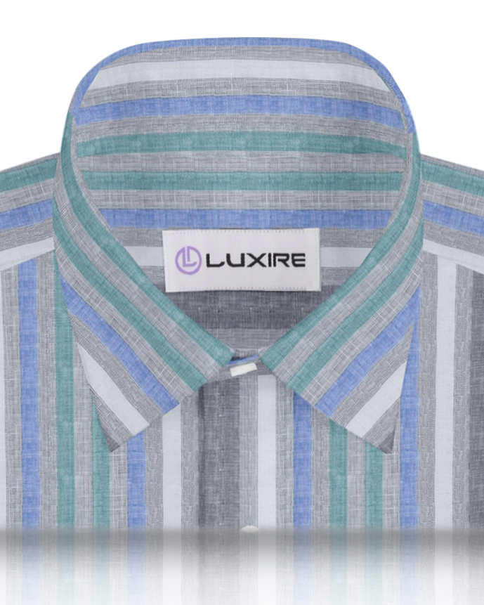 Collar of custom linen shirt for men in green blue and white stripes by Luxire Clothing