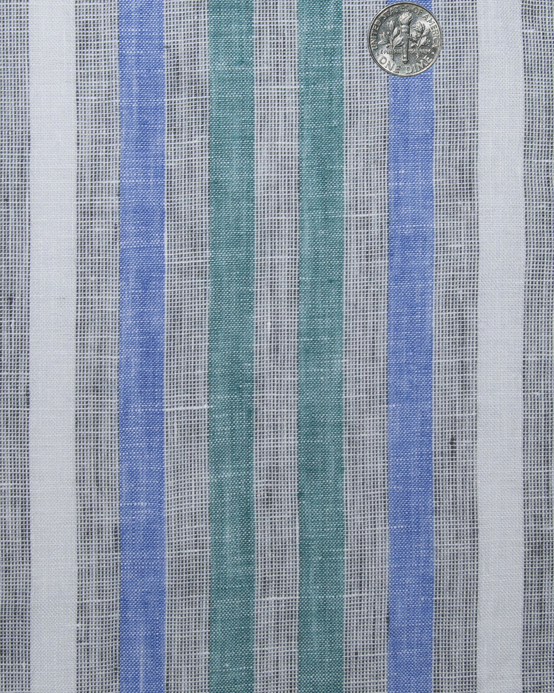 Close up of custom linen shirt for men in green blue and white stripes by Luxire Clothing