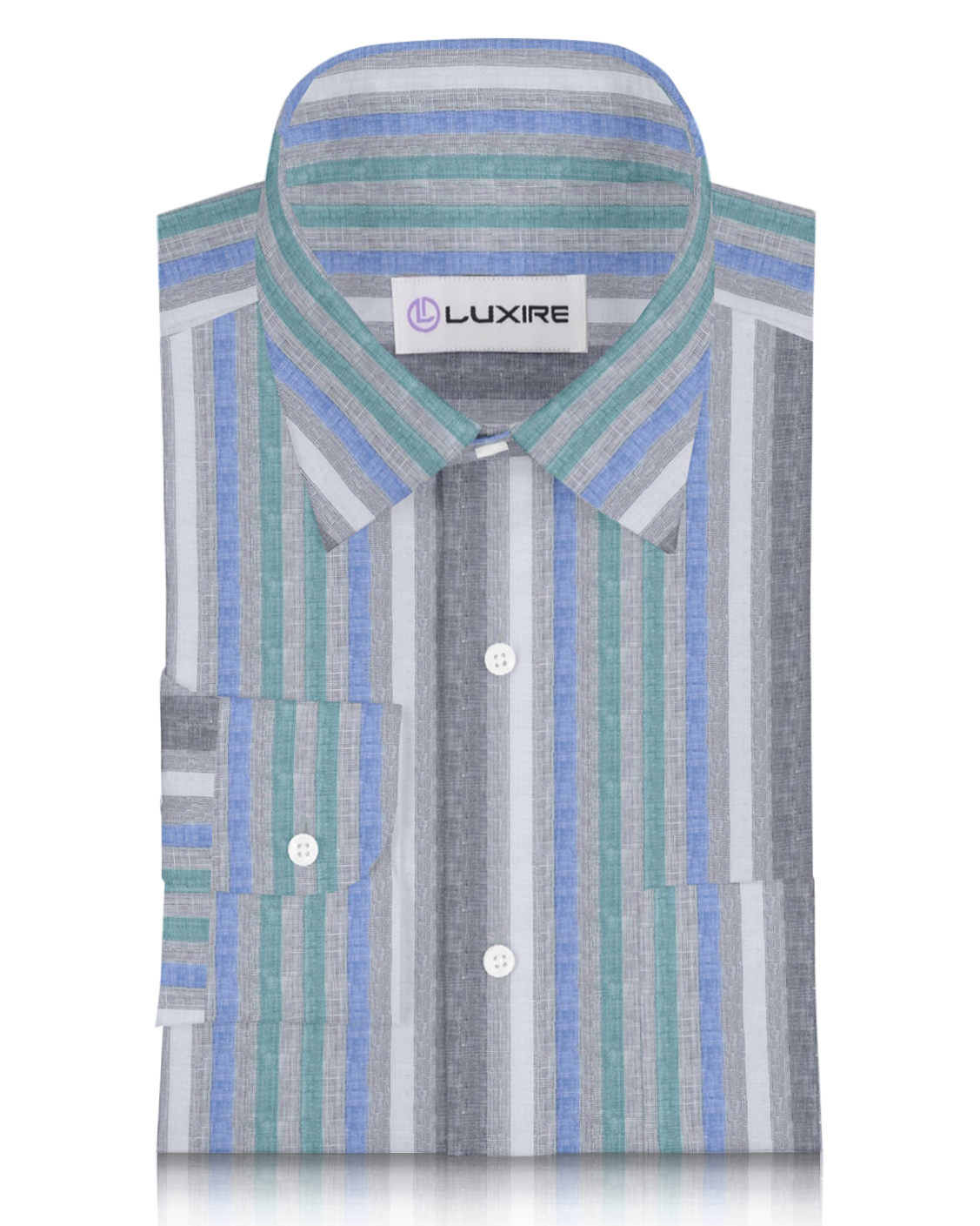 Front of custom linen shirt for men in green blue and white stripes by Luxire Clothing