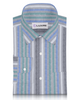 Front of custom linen shirt for men in green blue and white stripes by Luxire Clothing