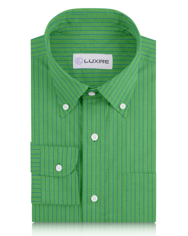 Cotton Linen: Blue Pencil Stripes On Green Shirt