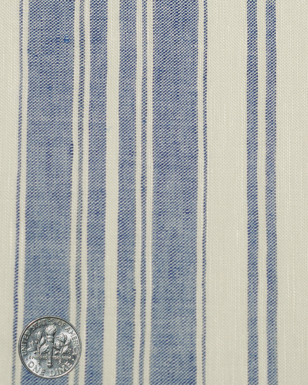 Close up view of custom linen shirt for men in oxford ecru indigo stripes