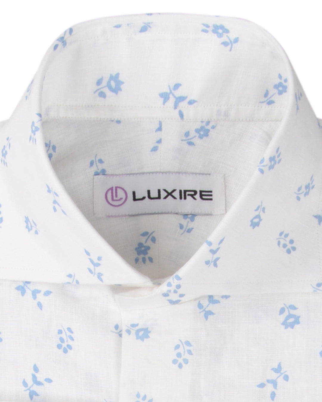 Front close up view of custom linen shirt for men in blue printed leaves