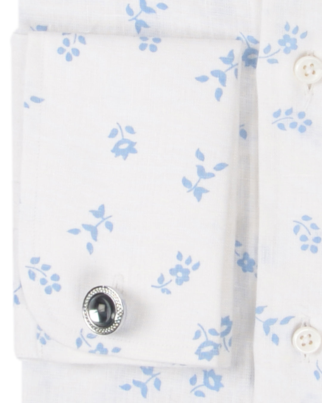 Cuff of custom linen shirt for men in blue printed leaves