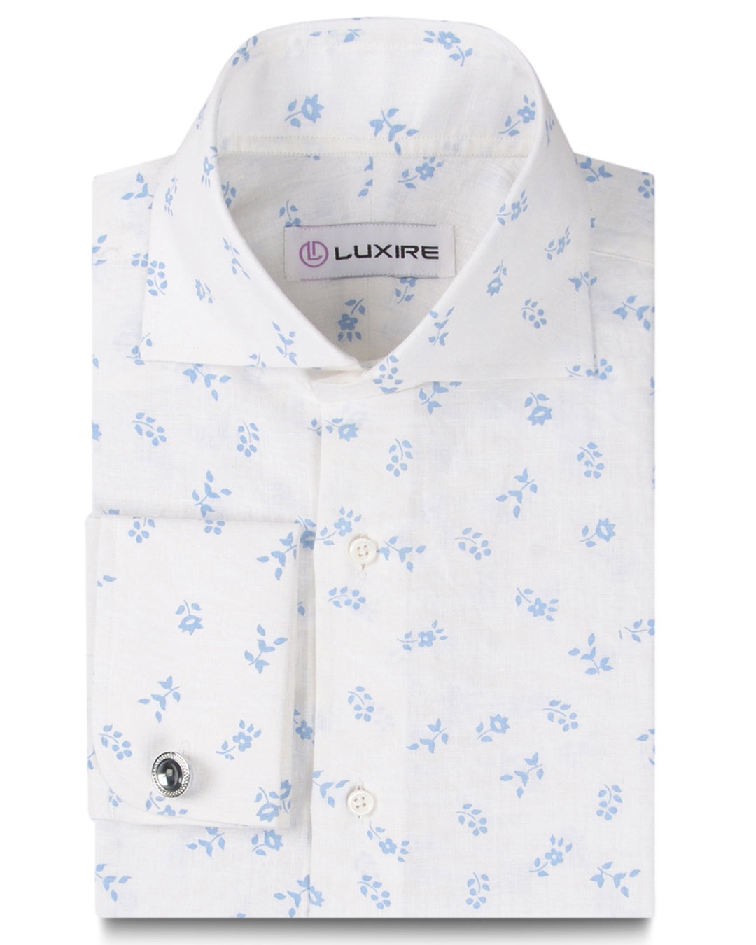 Front view of custom linen shirt for men in blue printed leaves