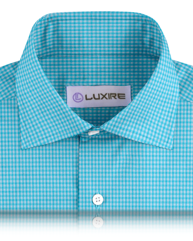 Collar of the custom linen shirt for men in light blue with white checks by Luxire Clothing