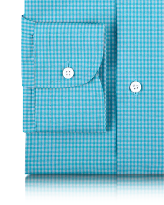 Cuff of the custom linen shirt for men in light blue with white checks by Luxire Clothing