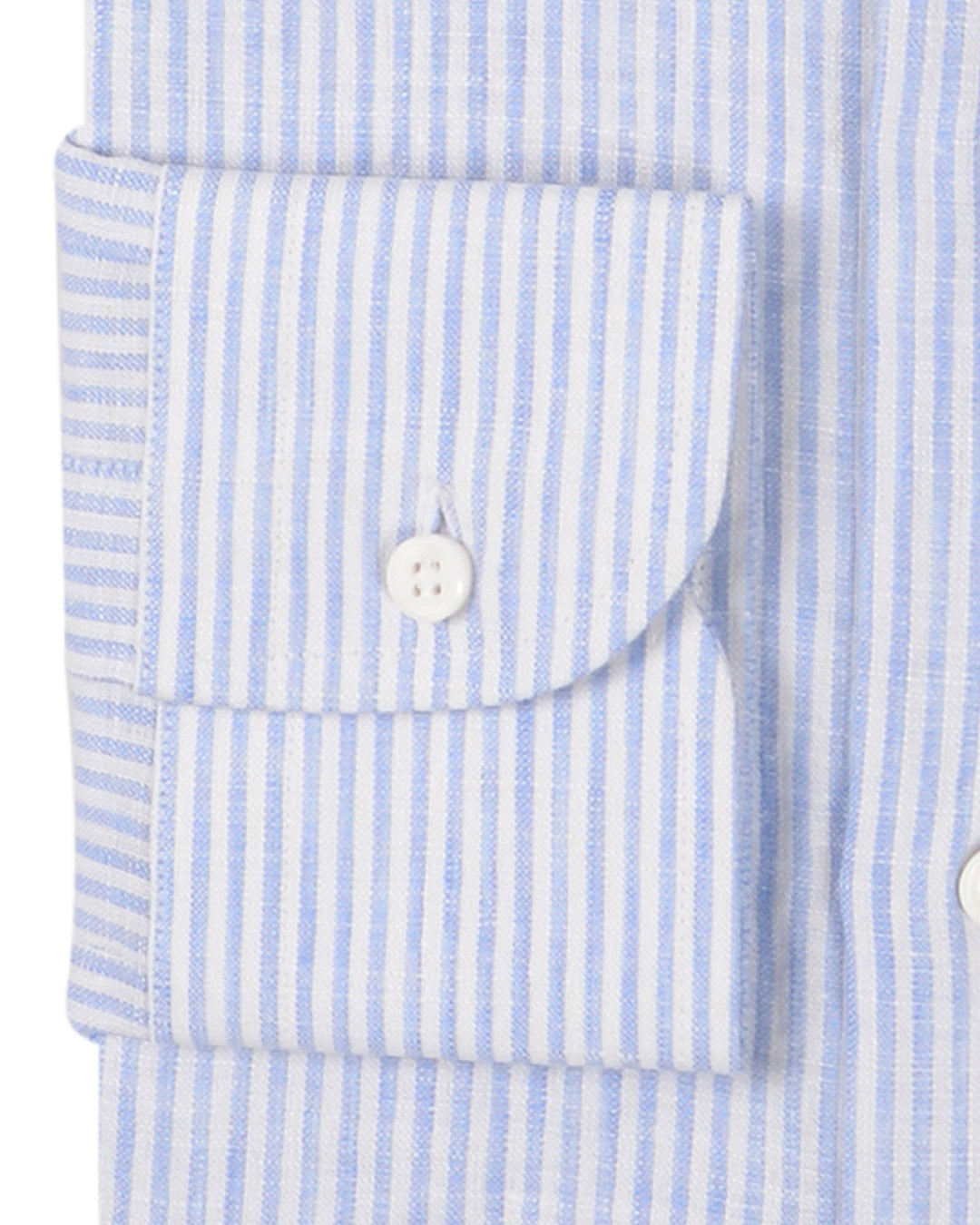 Cuff of the custom linen shirt for men in light blue dress stripes by Luxire Clothing