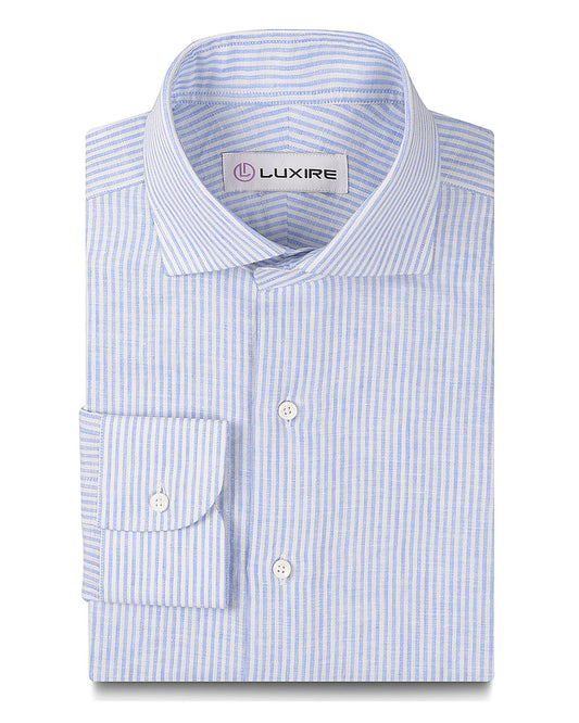 Front of the custom linen shirt for men in light blue dress stripes by Luxire Clothing