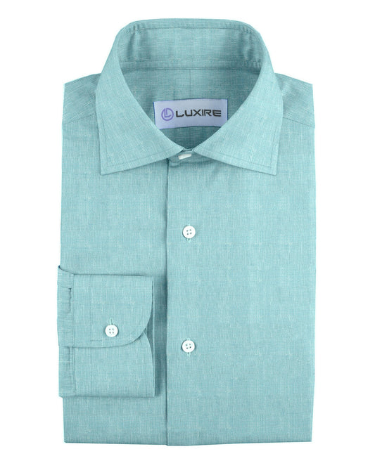 Front view of custom linen shirt for men in light blue
