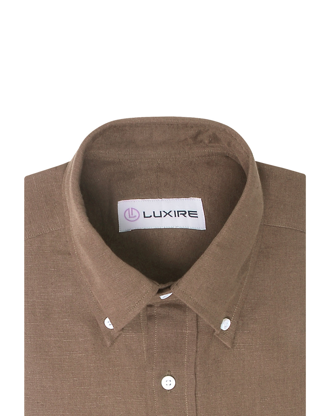 Collar of the custom linen shirt for men in light brown by Luxire Clothing